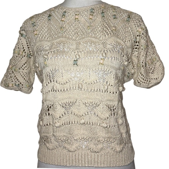 Vintage Handmade Pointelle Knit Short Sleeve Sweater M Openwork Cottage Rosettes - Picture 9 of 13